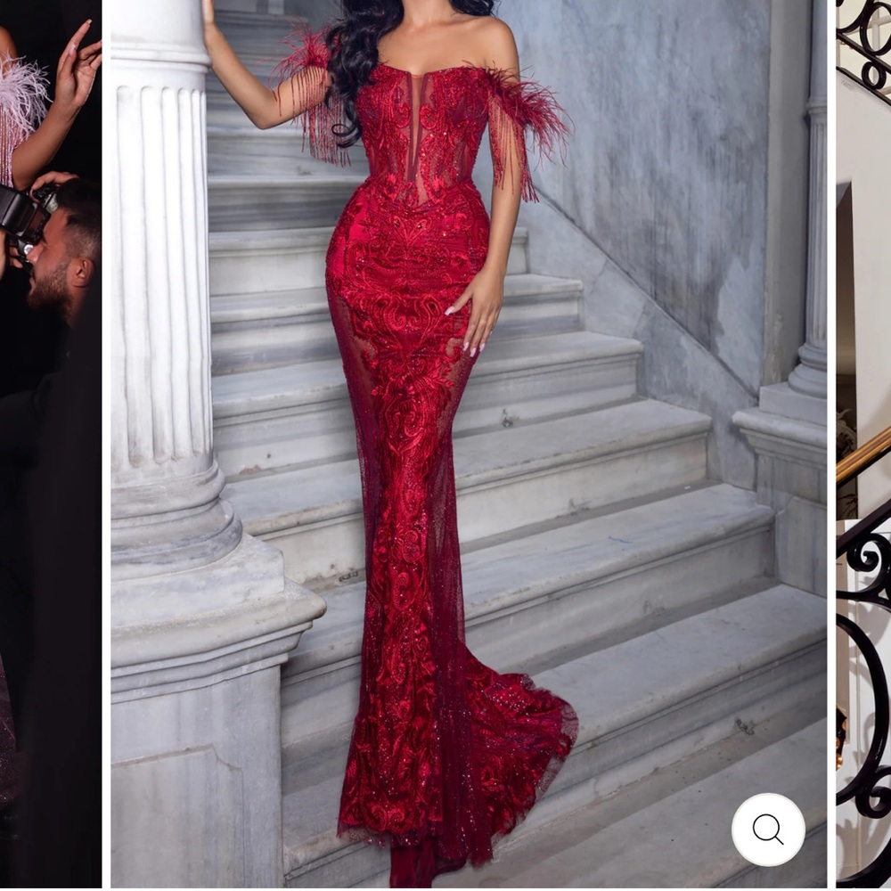 Portia and Scarlett Burgundy Feathered Gown